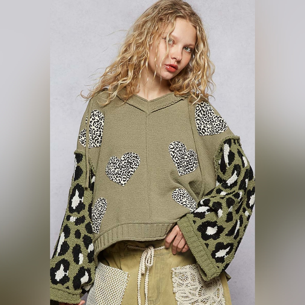 POL Chenille Hooded Sweater with Leopard Print and Heart Patches in Olive Multi